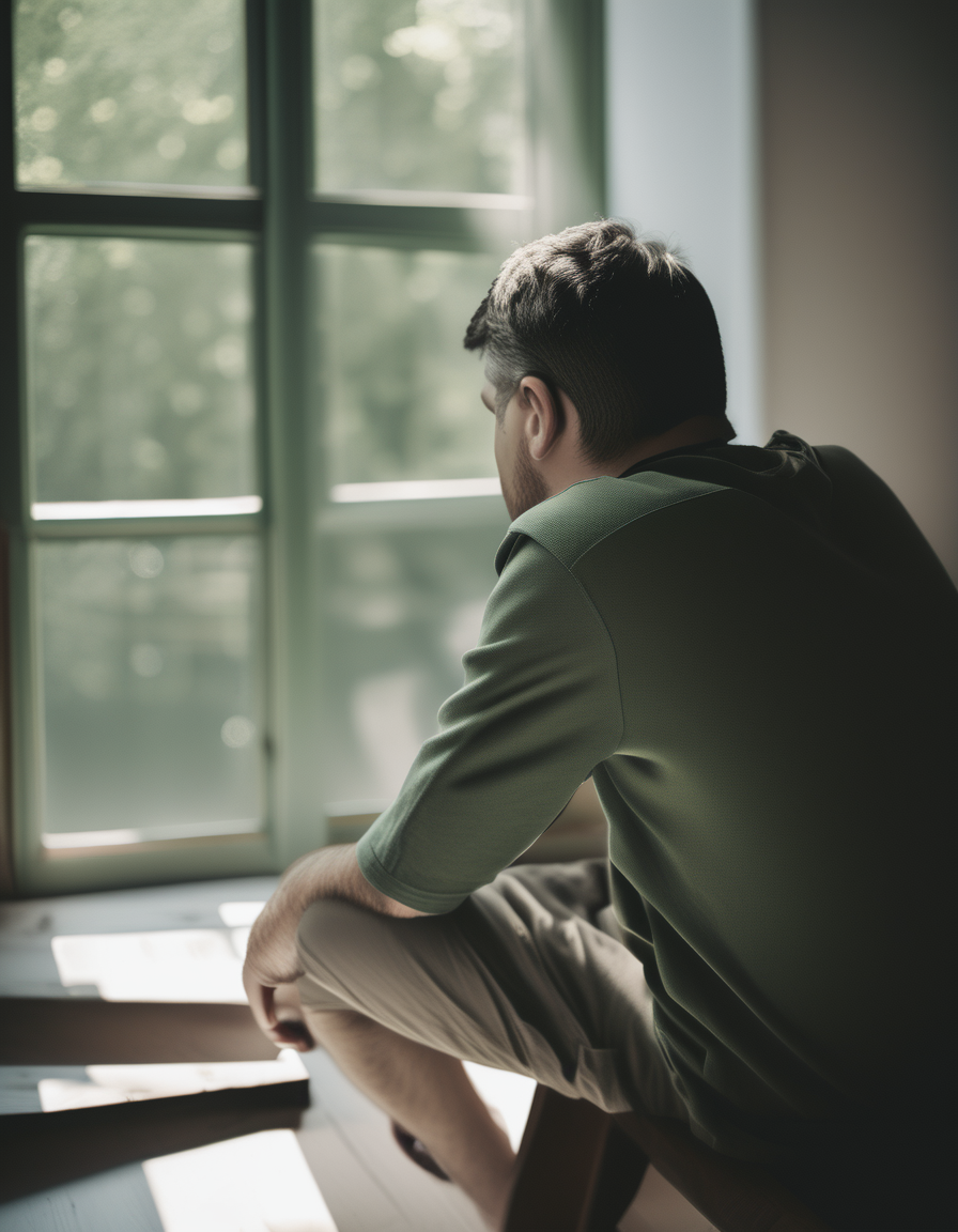 Three-quarter rear view of a man seated by a window in a warm room, face softly turned away, with warm light rimming his shoulder and the side of his head.