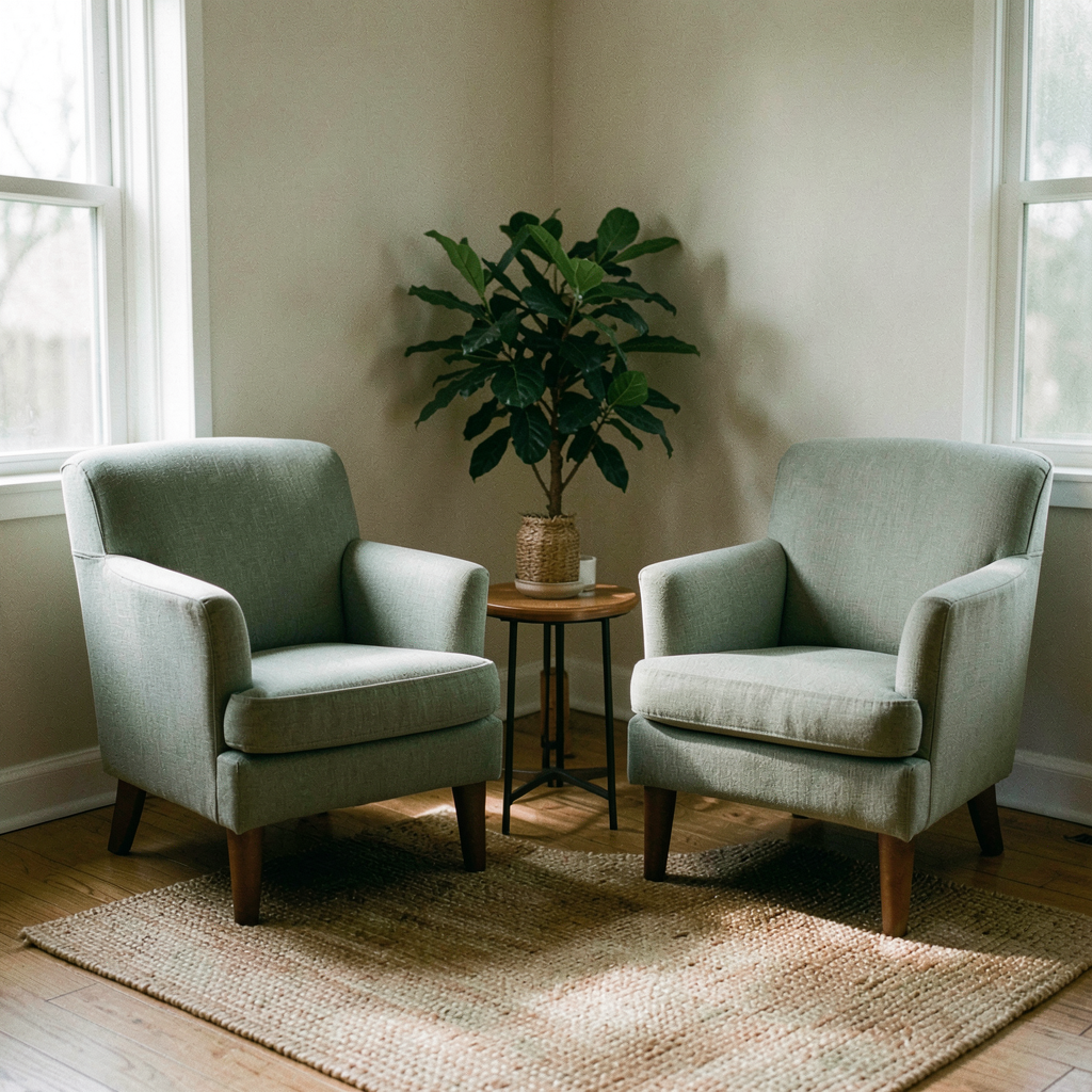 Two comfortable upholstered armchairs angled toward each other in the corner of a warm, softly lit room, with a small side table and a leafy plant nearby.